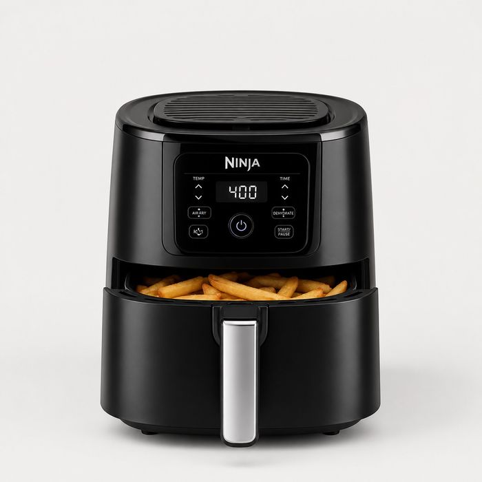 Black Ninja AF101 air fryer with golden fries