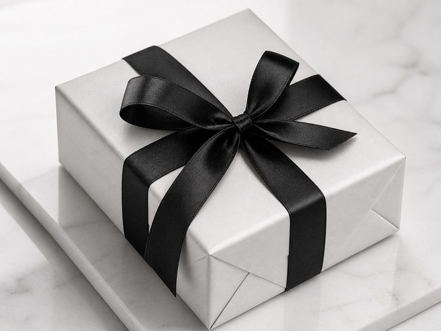 White gift box with a black satin ribbon